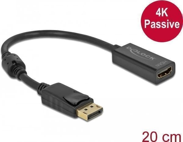Delock - Videoadapter - DisplayPort han fastgjort til HDMI hun - 20 cm - sort - passiv, understøtter 4K 30 Hz (63559)