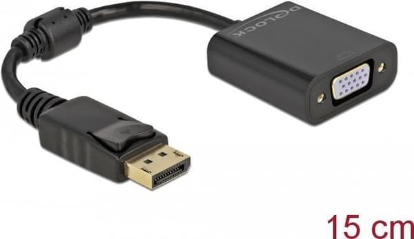 Delock - Videoadapter - DisplayPort (M) monteret på HD-15 (VGA) (W) skrues - DisplayPort 1.2 - 15 cm - passiv, 1080p understøttelse, 60 Hz - sort (610
