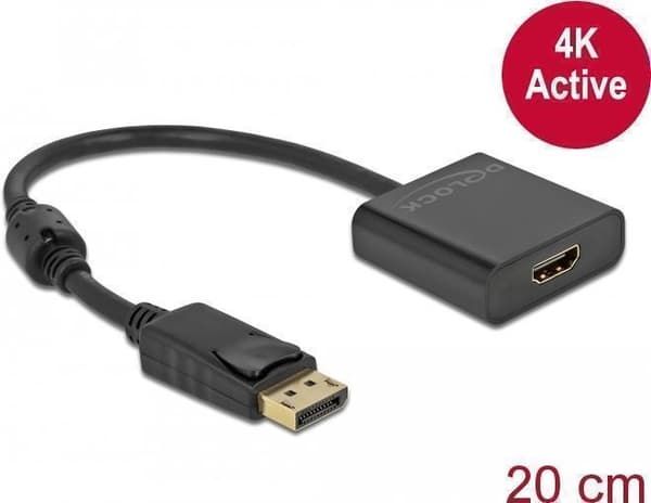 Delock - Videoadapter - DisplayPort han fastgjort til HDMI hun - 20 cm - sort - aktiv, understøtter 4K 30 Hz (63585)