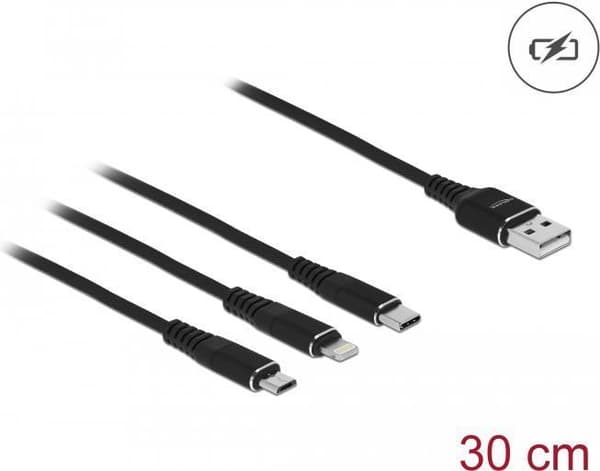 Delock - Lightning kabel, kun til opladning - USB han til Micro-USB type B, Lightning, USB-C han - 30cm - sort (87152)