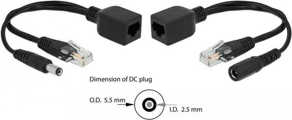 DeLOCK Passiivinen PoE-sovitinsarja RJ45 DC 5,5 x 2,5 mm - Power Injector - musta (2 kpl pakkaus) (66024)