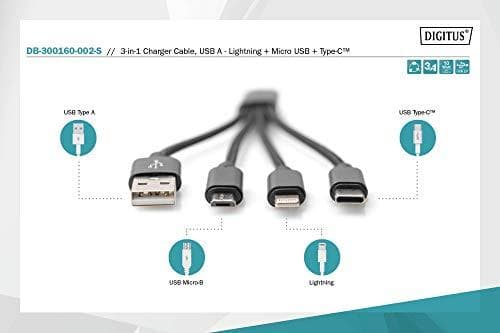 DIGITUS USB ladekabel USB A - Lightning+Micro B+Type-C M/M/M/M 0,15m, 3 i 1 kabel, CE, guld, bl.