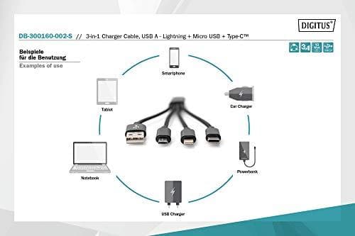 DIGITUS USB ladekabel USB A - Lightning+Micro B+Type-C M/M/M/M 0,15m, 3 i 1 kabel, CE, guld, bl.