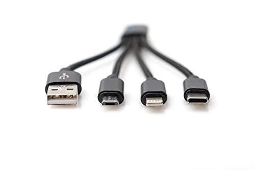 DIGITUS USB ladekabel USB A - Lightning+Micro B+Type-C M/M/M/M 0,15m, 3 i 1 kabel, CE, guld, bl.