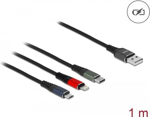 Delock - Lightning-kabel, endast för laddning - USB-hane till Micro-USB typ B, Lightning, USB-C hane - 1.0m - svart (87277)