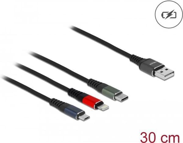 Delock - Lightning-kabel, endast för laddning - USB-hane till Micro-USB typ B, Lightning, USB-C-hane - 30cm - svart (87236)