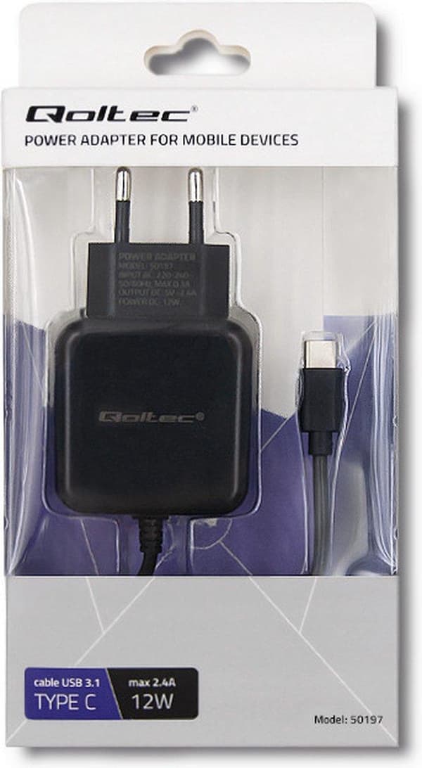 Qoltec 50197 Oplader 12W | 5V | 2.4 | USB type C | Sort Sort