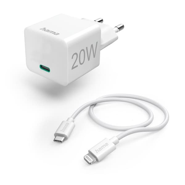 Hama lynoplader med Lightning ladekabel, minioplader, PD, 20W, 1m, hvid (00201620) Hvid