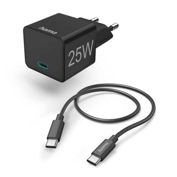 Hama lynoplader med USB-C ladekabel, minioplader, PD, 25W, 1 m, sort (00201623) Sort