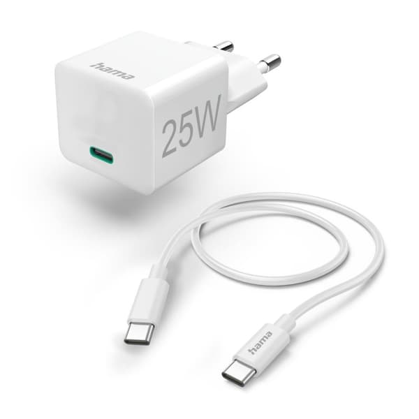 Hama lynoplader med USB-C ladekabel, minioplader, PD, 25W, 1,5 m, hvid (00201624) Hvid