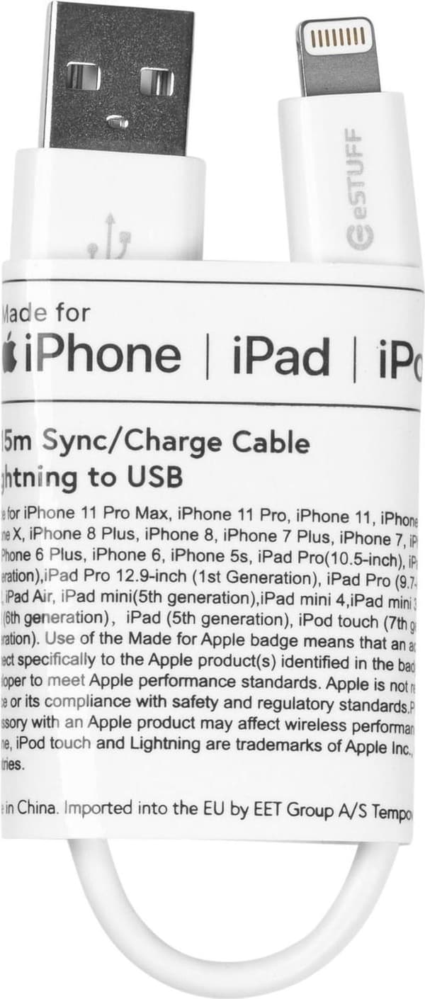 eSTUFF Lightning-kabel MFI 0,15 m vit - 0,15 m - Lightning - USB A - Hane - Hane - Vit (ES601004-BULK)