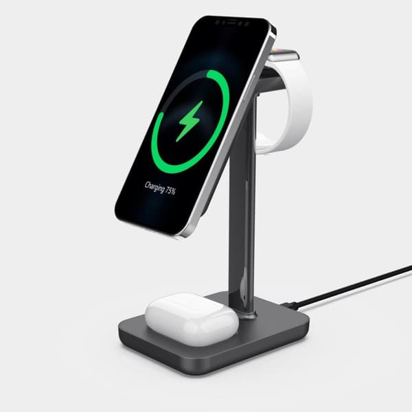 eSTUFF - Trådløs oplader - 15 Watt - 3 A - PD 3.0 - hvid, aluminium - til Apple AirPods, AirPods Pro, iPhone 12, 13, Ur (ES638201)