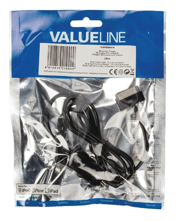Valueline VLMP39890B10 30-polet biloplader 30-polet dock han - 12v bilstik 1.00 M Sort 2.1a