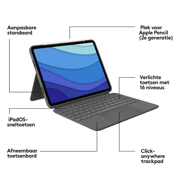 Logitech Combo Touch - näppäimistö ja foliokotelo - ohjauslevyllä - taustavalaistu - Apple Smart -liitin - QWERTY - GB - Oxford Grey - Apple 27,90 cm