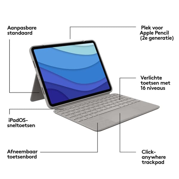 Logitech Combo Touch - tastatur og folio-etui - med pegefelt - baggrundsbelyst - Apple Smart-stik - QWERTY - US International - sand - til Apple 27,90