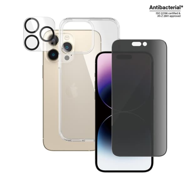 PanzerGlass ™ 3-i-1 Privacy Protection Pack iPhone 14 Pro Max - Apple - iPhone 14 Pro Max - Tørbrug - Ridsefast - Stødsikker - Antibakteriel - Gennems