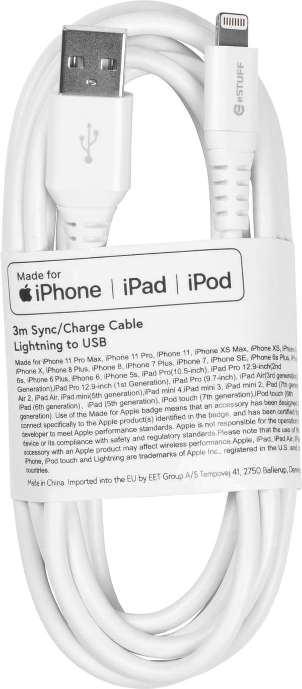 eSTUFF - Lightning-kaapeli - Lightning-uros-USB-uros - 3,0 m - valkoinen - Apple iPad/iPhone/iPod (Lightning) (ES601304-BULK)