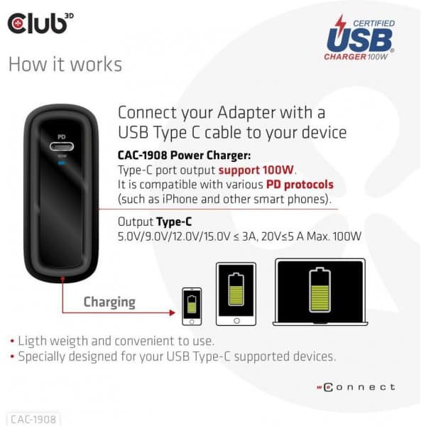 CAC-1908 Travel Charger GaN USB-C vægoplader