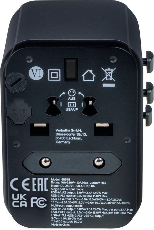Verbatim UTA-03 Universal Travel Plug & USB-C/A laturi 30 W (49545)