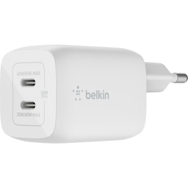 Belkin BoostCharge Pro Dual Port USB-C GaN 65W PD 3.0 laddare Vit