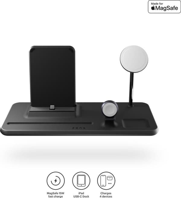 Zens 4in1 MagSafe + iPad draadloze oplader Alumiini 45W Musta | Lähetä iPhonelle 14/13/12 (15W) | Apple iWatch Series Ultra/SE/8//7/6/5/4/3/2/1 | AirP musta