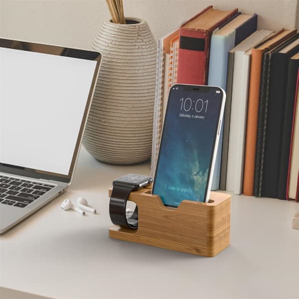 Docking Station - Laddningsstation av bambu i äkta trä - för alla mobiltelefoner och smartwatch