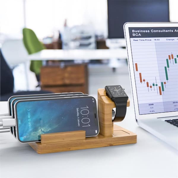 Docking Station - Laddningsstation av bambu i äkta trä - Power Station-plattform med integrerat USB-multigränssnitt för alla mobiltelefoner och