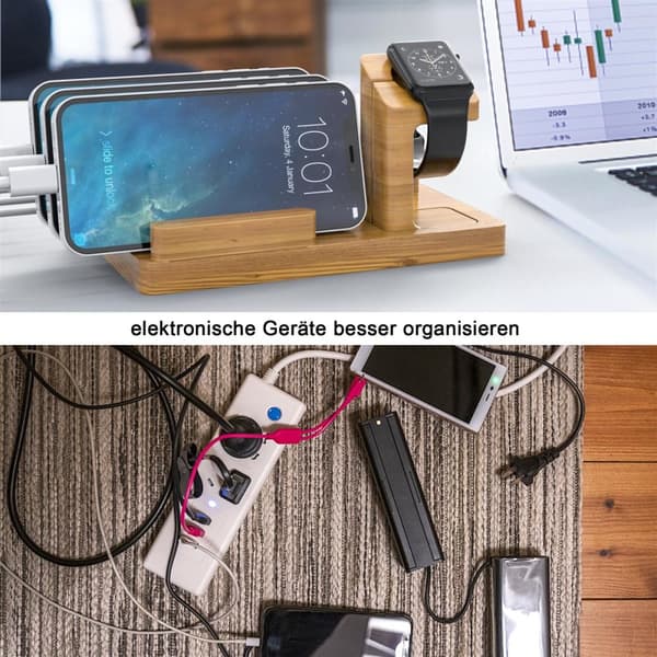 Docking Station - Laddningsstation av bambu i äkta trä - Power Station-plattform med integrerat USB-multigränssnitt för alla mobiltelefoner och