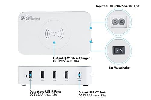 USB bordoplader 60W, 5-ports (1x USB-Câ„¢ og 4x USB-A), 10W Qi trådløs opladning, hvid, Good C (PCA-D005W)