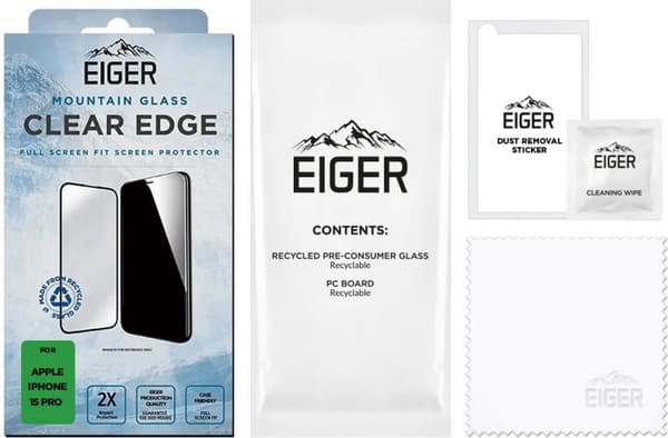 Eiger Mountain Glass Edge Skärmskydd Lämplig för iPhone 15 Pro | Case Friendly | Härdat glas | Helskärm | Återvunnet glas