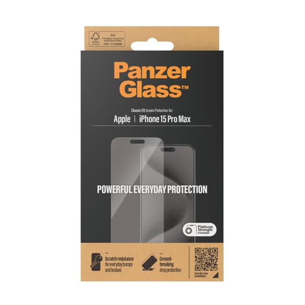 PanzerGlass™ näytönsuoja iPhone 15 Pro Max - Classic Fit - Apple - Apple - iPhone 15 Pro Max - Kuivakäyttö - Naarmuuntumaton - Iskunkestävä - Läpinäky