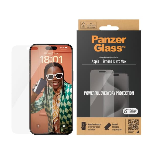 PanzerGlass™ näytönsuoja iPhone 15 Pro Max - Classic Fit - Apple - Apple - iPhone 15 Pro Max - Kuivakäyttö - Naarmuuntumaton - Iskunkestävä - Läpinäky