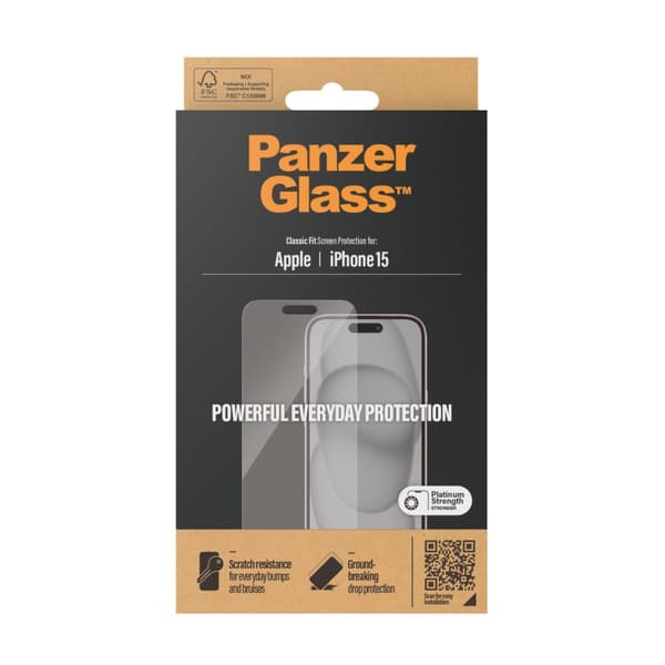 PanzerGlass™ skærmbeskytter iPhone 15 - Classic Fit - Apple - Apple - iPhone 15 - Tør applikation - Ridsefast - Stødsikker - Gennemsigtig - 1 stk (280