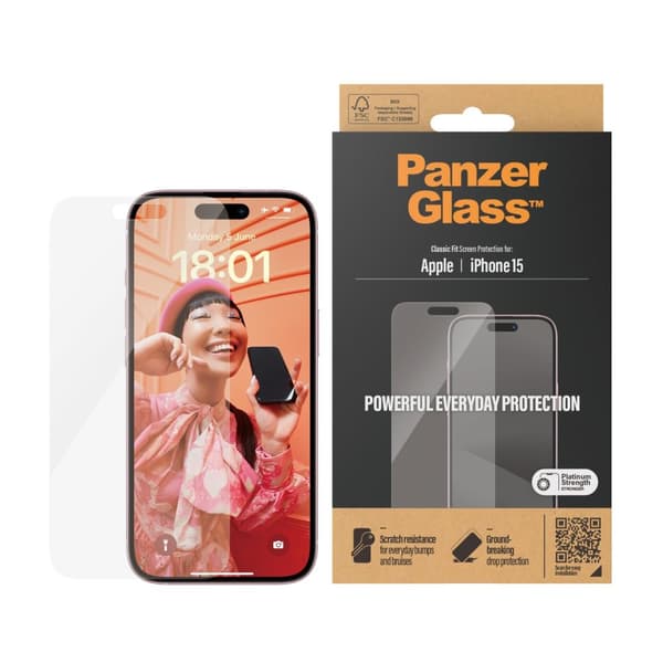 PanzerGlass™ skærmbeskytter iPhone 15 - Classic Fit - Apple - Apple - iPhone 15 - Tør applikation - Ridsefast - Stødsikker - Gennemsigtig - 1 stk (280