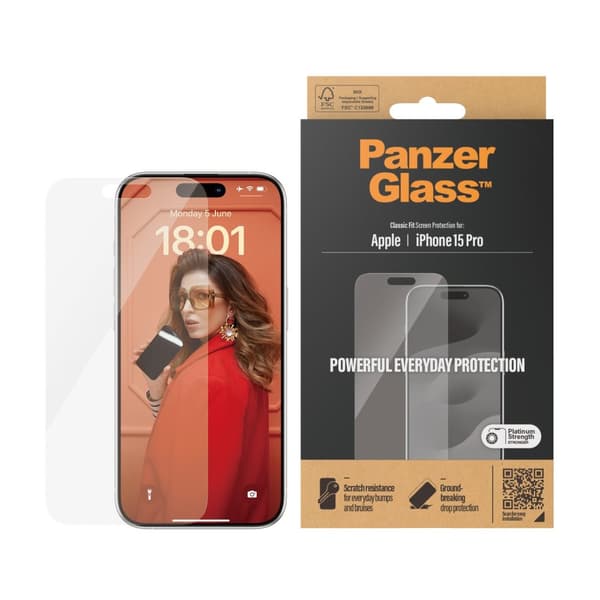 PanzerGlass™ näytönsuoja iPhone 15 Pro - Classic Fit - Apple - Apple - iPhone 15 Pro - Kuivasovellus - Naarmuuntumaton - Iskunkestävä - Läpinäkyvä - 1