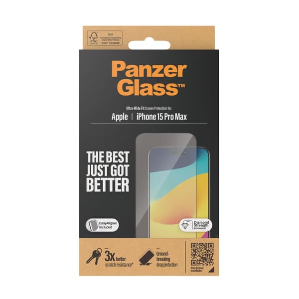 PanzerGlass™ skærmbeskytter iPhone 15 Pro Max - Ultra-Wide Fit med EasyAligner - Apple - Apple - iPhone 15 Pro Max - Tør applikation - Stødsikker - Ge