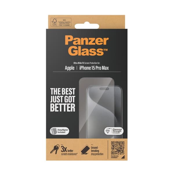 PanzerGlass™ skærmbeskytter iPhone 15 Pro Max - Ultra-Wide Fit med EasyAligner - Apple - Apple - iPhone 15 Pro Max - Tør applikation - Stødsikker - Ge