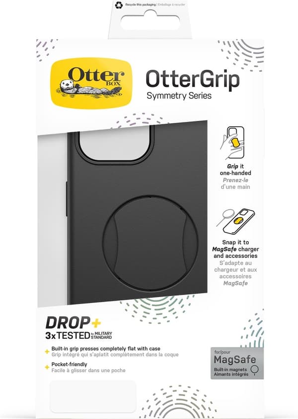 OtterBox OtterGrip kotelo sopii Apple iPhone 15 Plus | Yhteensopiva MagSafe | Takakansikotelo | Musta