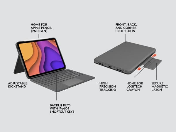 Logitech Folio Touch - tastatur og folio-etui - med pegefelt - baggrundsbelysning - Apple Smart-stik - QWERTY - Spansk - Oxford Grey - til Apple 10,9"