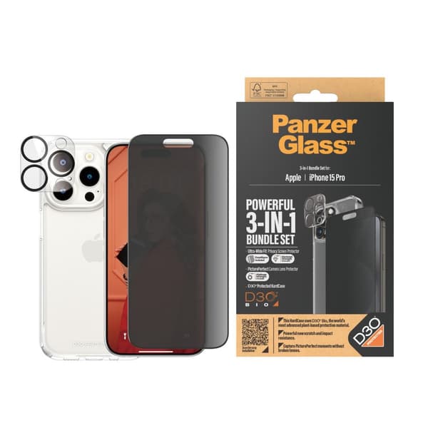 PanzerGlass™ Privacy 3-i-1 sæt iPhone 15 Pro - Apple - Apple - iPhone 15 Pro - Tør applikation - Stødsikker - Gennemsigtig - 1 stk (B1173+P2810)