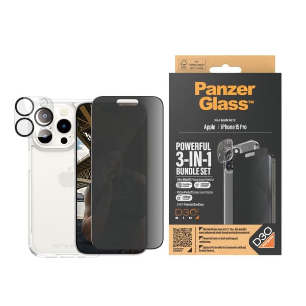 PanzerGlass™ Privacy 3-i-1 sæt iPhone 15 Pro - Apple - Apple - iPhone 15 Pro - Tør applikation - Stødsikker - Gennemsigtig - 1 stk (B1173+P2810)