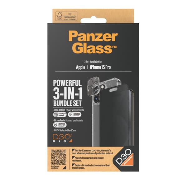 PanzerGlass™ Privacy 3-i-1 sæt iPhone 15 Pro - Apple - Apple - iPhone 15 Pro - Tør applikation - Stødsikker - Gennemsigtig - 1 stk (B1173+P2810)