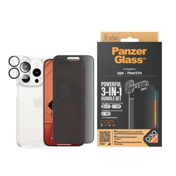 PanzerGlass™ Privacy 3-i-1 sæt iPhone 15 Pro - Apple - Apple - iPhone 15 Pro - Tør applikation - Stødsikker - Gennemsigtig - 1 stk (B1173+P2810)
