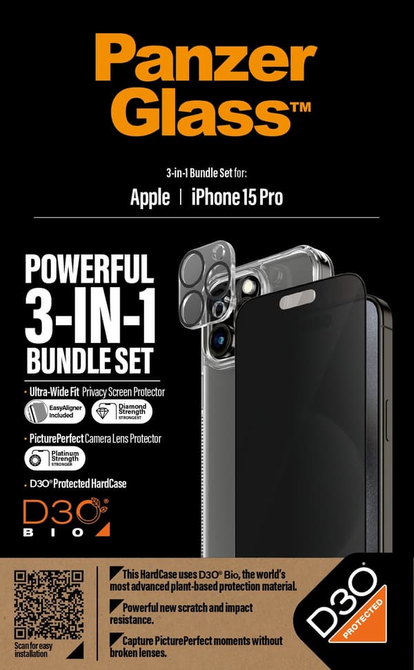 PanzerGlass™ Privacy 3-i-1 sæt iPhone 15 Pro - Apple - Apple - iPhone 15 Pro - Tør applikation - Stødsikker - Gennemsigtig - 1 stk (B1173+P2810)