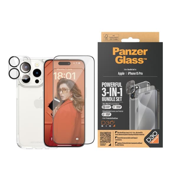 PanzerGlass™ 3-i-1 sæt iPhone 15 Pro - Apple - Apple - iPhone 15 Pro - Tør applikation - Stødsikker - Gennemsigtig - 1 stk (B1173+2810)