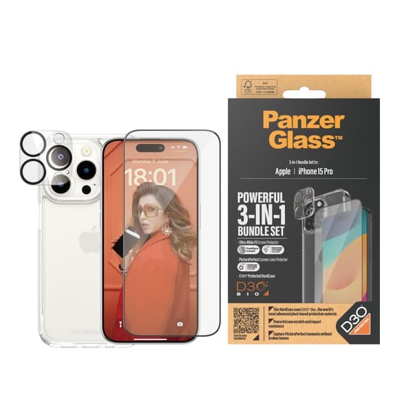 PanzerGlass™ 3-i-1 sæt iPhone 15 Pro - Apple - Apple - iPhone 15 Pro - Tør applikation - Stødsikker - Gennemsigtig - 1 stk (B1173+2810)