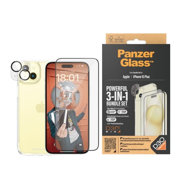 PanzerGlass™ 3-i-1 sæt iPhone 15 Plus - Apple - Apple - iPhone 15 Plus - Tør applikation - Stødsikker - Gennemsigtig - 1 stk (B1174+2811)