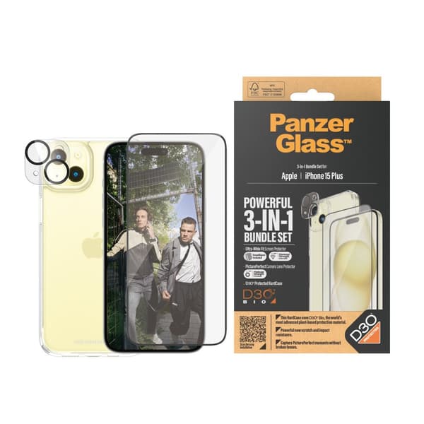 PanzerGlass™ 3-i-1 sæt iPhone 15 Plus - Apple - Apple - iPhone 15 Plus - Tør applikation - Stødsikker - Gennemsigtig - 1 stk (B1174+2811)