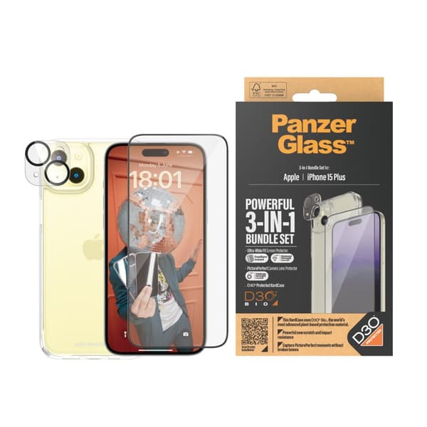 PanzerGlass™ 3-i-1 sæt iPhone 15 Plus - Apple - Apple - iPhone 15 Plus - Tør applikation - Stødsikker - Gennemsigtig - 1 stk (B1174+2811)