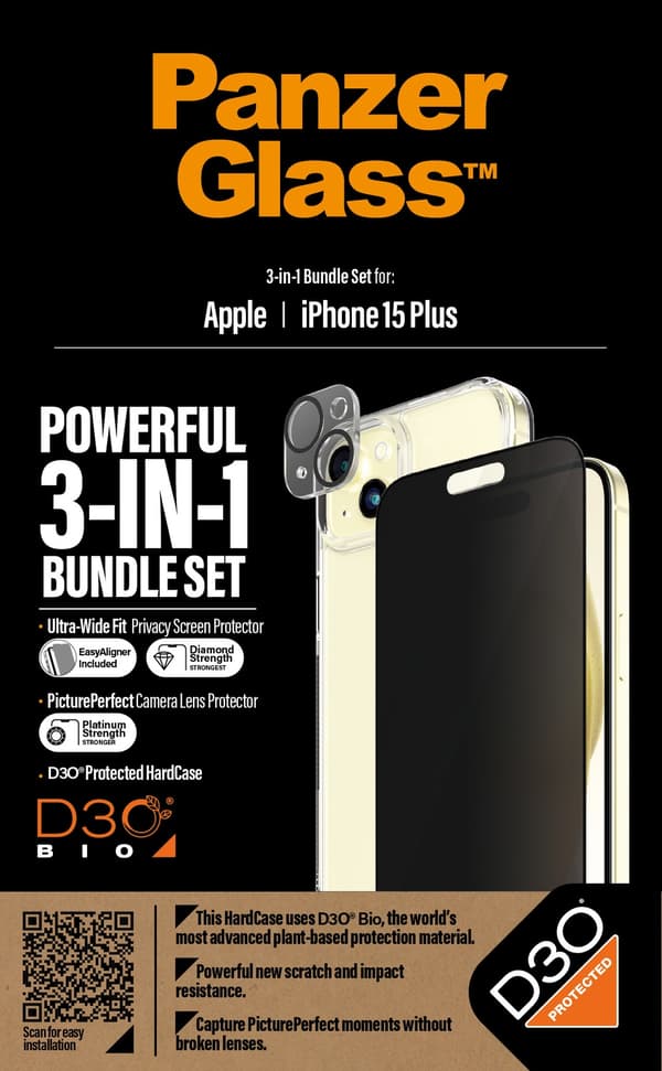 PanzerGlass™ 3-i-1 sæt iPhone 15 Plus - Apple - Apple - iPhone 15 Plus - Tør applikation - Stødsikker - Gennemsigtig - 1 stk (B1174+2811)